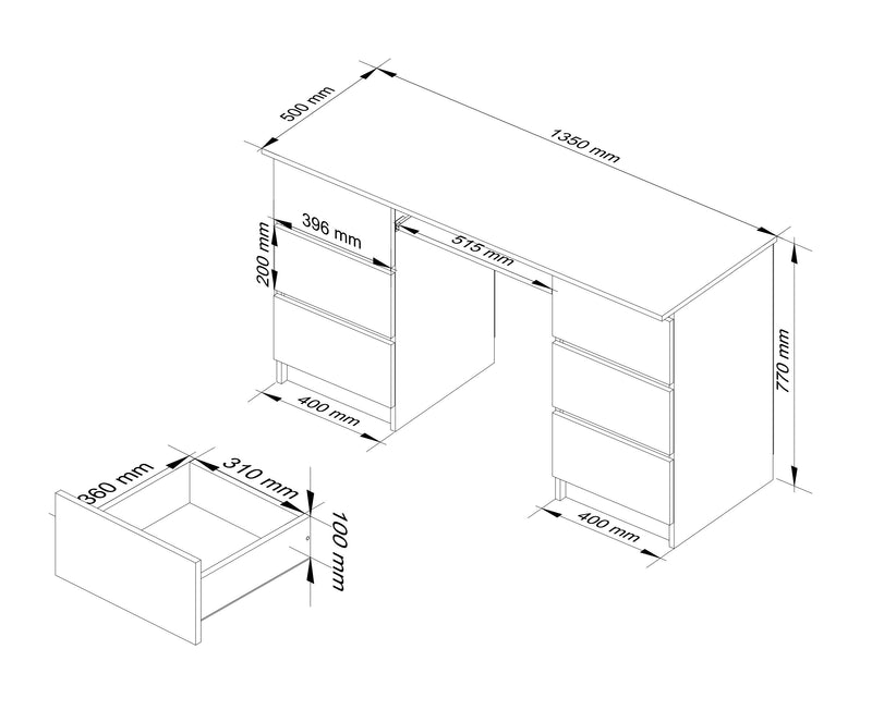 Computertisch A-11 135 cm 6 Schubladen PK Weiß