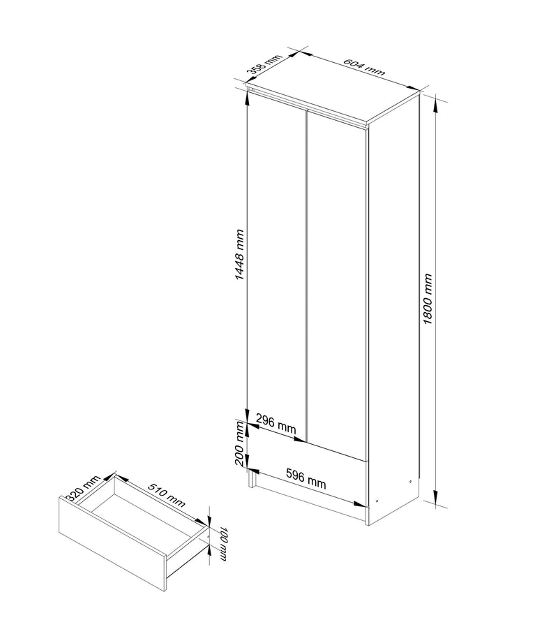 Büroschrank R 60 cm CLP 1 Schublade 2 Türen Weiß/Glänzend Graphit
