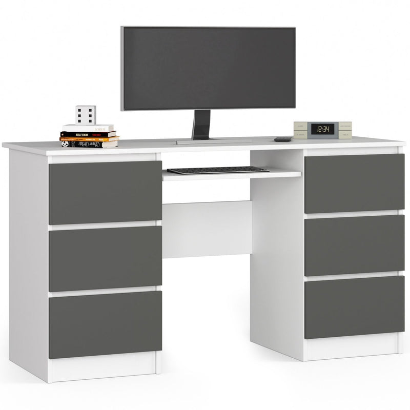 Computertisch A-11, 135 cm, 6 Schubladen, PK Weiß-Graphitgrau