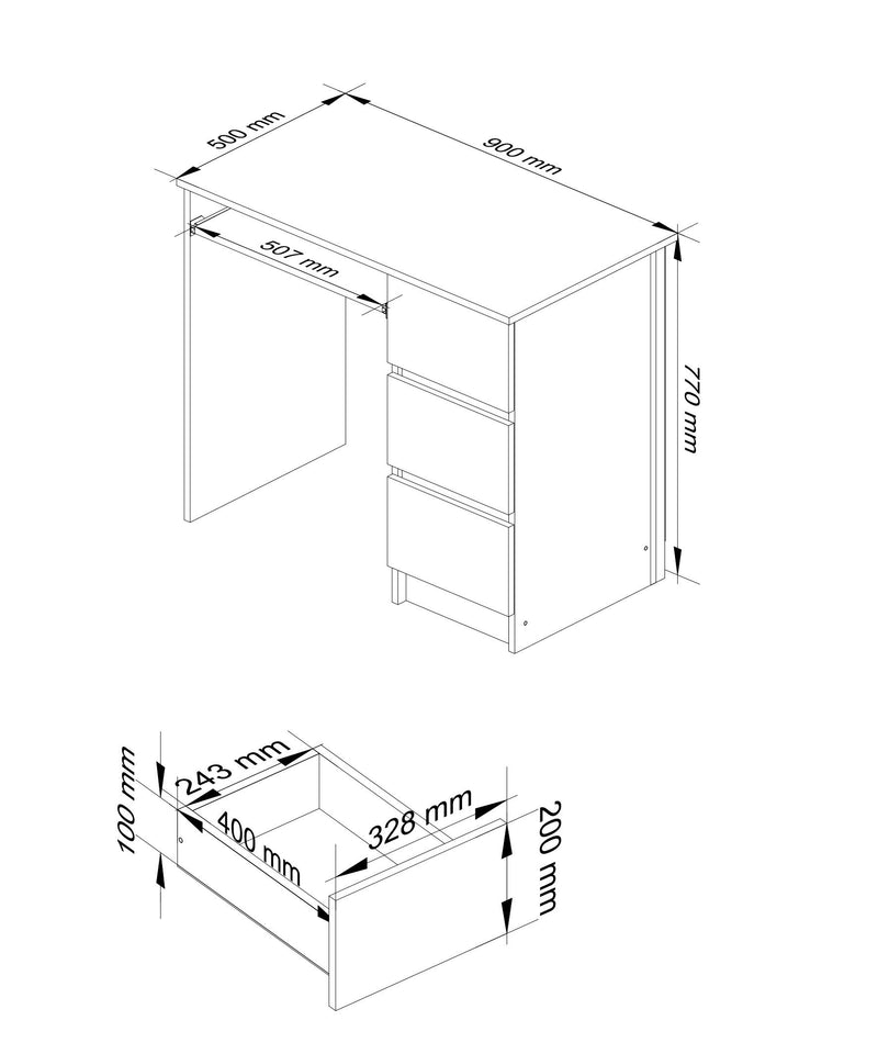 Computertisch A-6 90 cm rechts - PK weiß-graphitgrau - 3 Schubladen