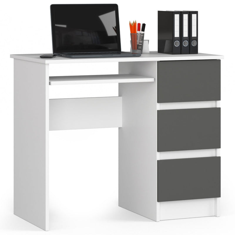 Computertisch A-6 90 cm rechts - PK weiß-graphitgrau - 3 Schubladen