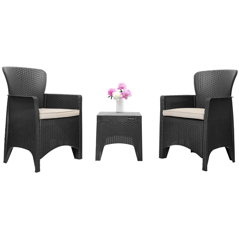 Gartenmöbelset für Terrasse/Balkon, 2 Sessel + Tisch, schwarz