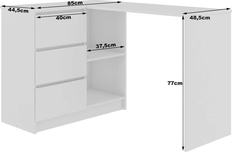Eckschreibtisch B16 124 cm links mit 3 Schubladen, weiß/glänzend metallic