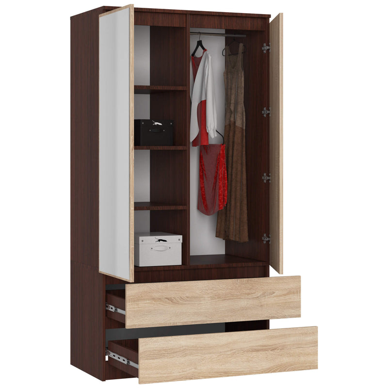 Kleiderschrank S 90 cm 2 Türen 2 Schubladen 2 Spiegel PK Wenge / Sonoma