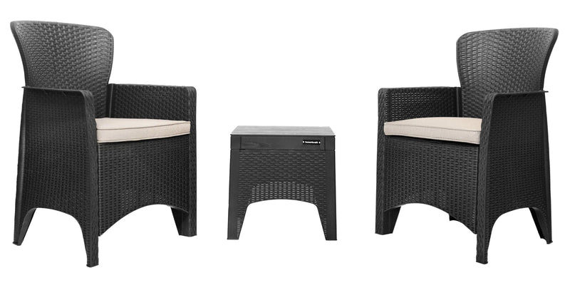 Gartenmöbelset für Terrasse/Balkon, 2 Sessel + Tisch, schwarz