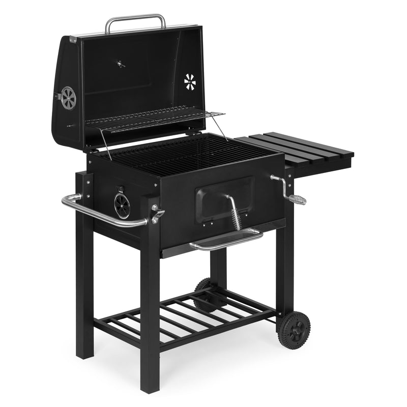 Großer Holzkohlegrill für den Garten mit Deckel, Thermometer, Ablagen, Rädern, kostenloser Gebläse