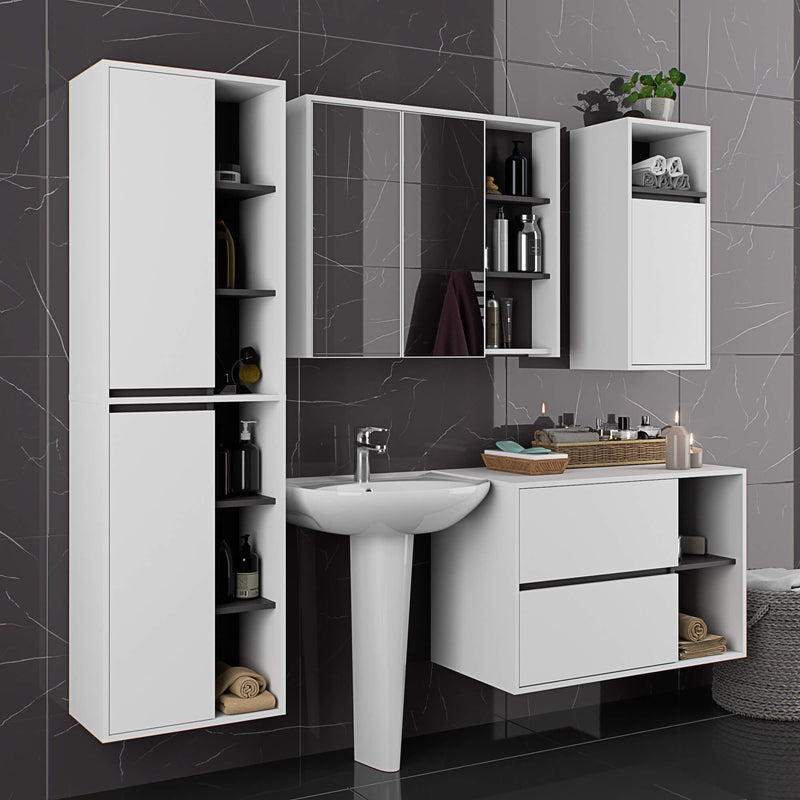 Wandhängender Badezimmerschrank VAMI W90 2D 3P LO Weiß / Graphitgrau
