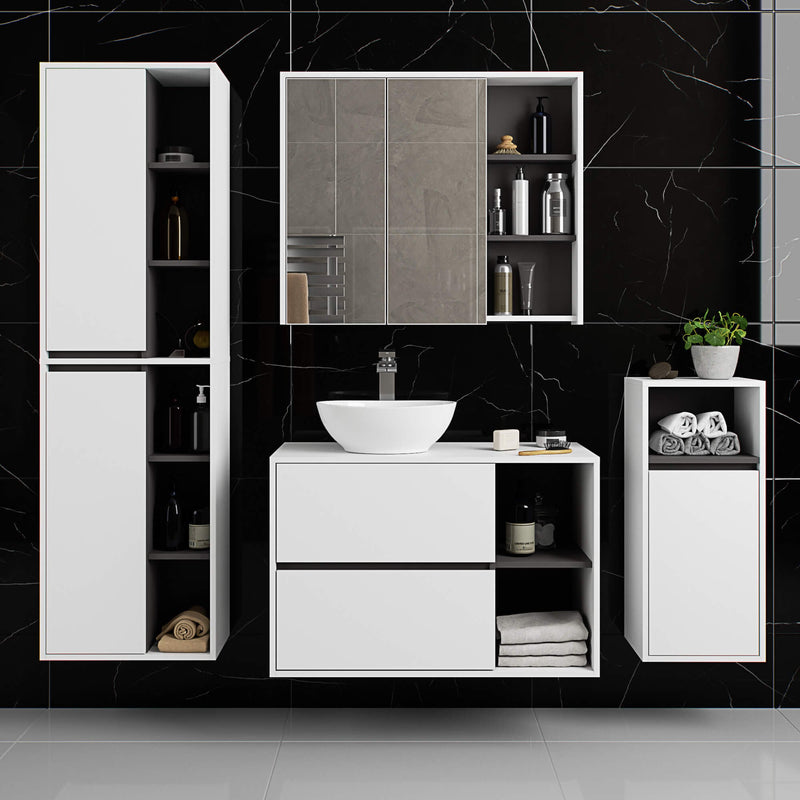 Wandhängender Badezimmerschrank VAMI W90 2D 3P LO Weiß / Graphitgrau