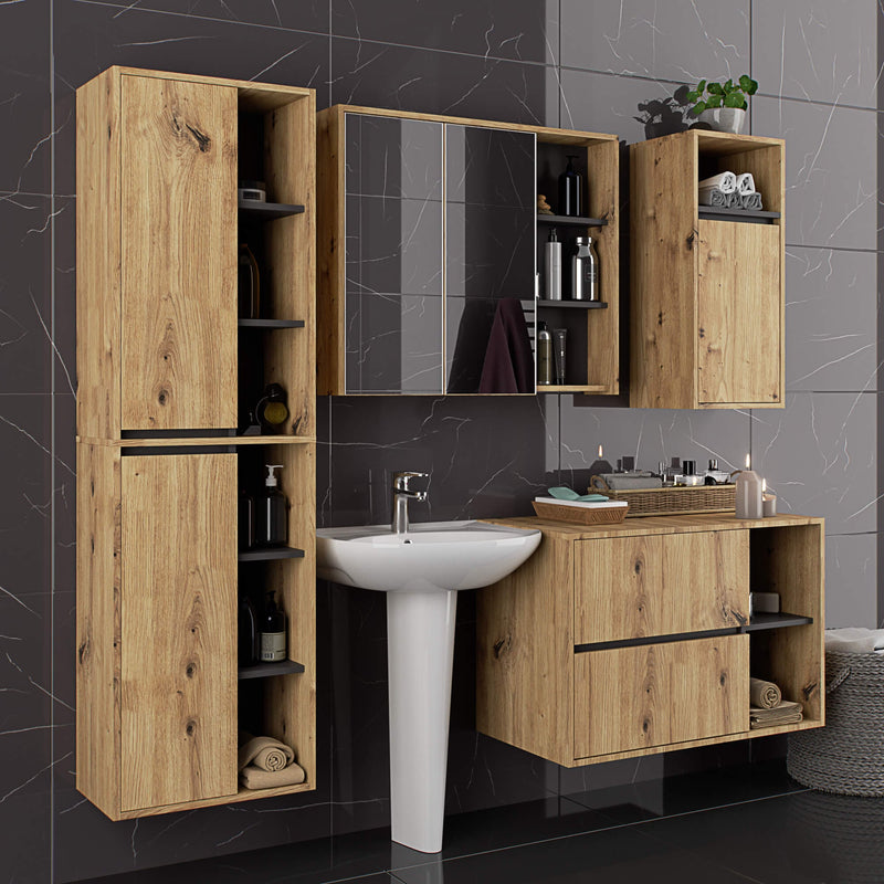 Wandhängender Badezimmerschrank VAMI W90 2D 3P LO Artisan Oak / Graphitgrau