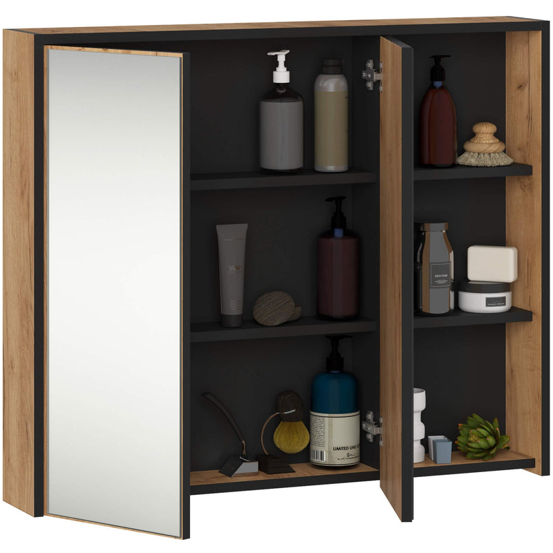 Wandhängender Badezimmerschrank VAMI W90 2D 3P LO Eichenholz / Schwarz