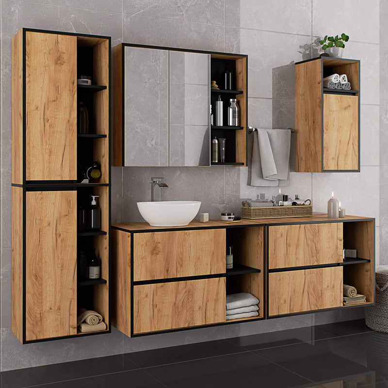 Wandhängender Badezimmerschrank VAMI W90 2D 3P LO Eichenholz / Schwarz