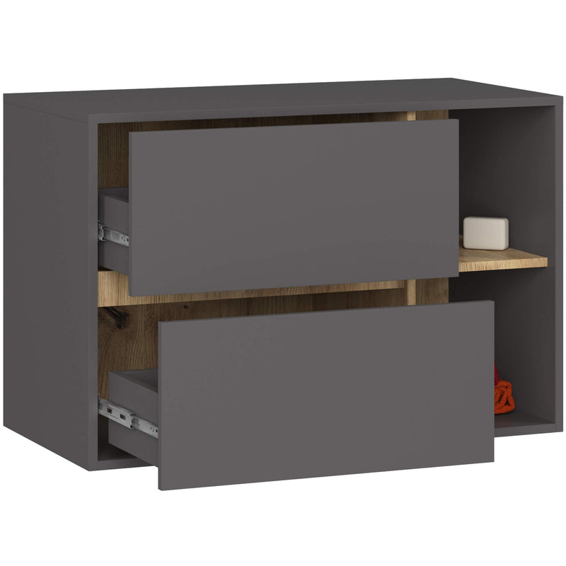 Badezimmerschrank für Waschbecken Vami, 90 cm breit, 2 Schubladen, Graphitgrau / Eiche Artisan