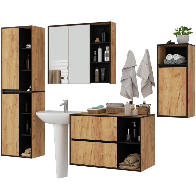 VAMI Wandhängendes Badezimmermöbel-Set Eiche Craft / Schwarz