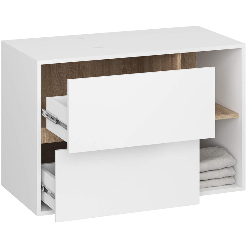 Badezimmerschrank für Waschbecken mit Löchern VAMI W90 UM 2SZ 2P Weiß / Sonoma Eiche