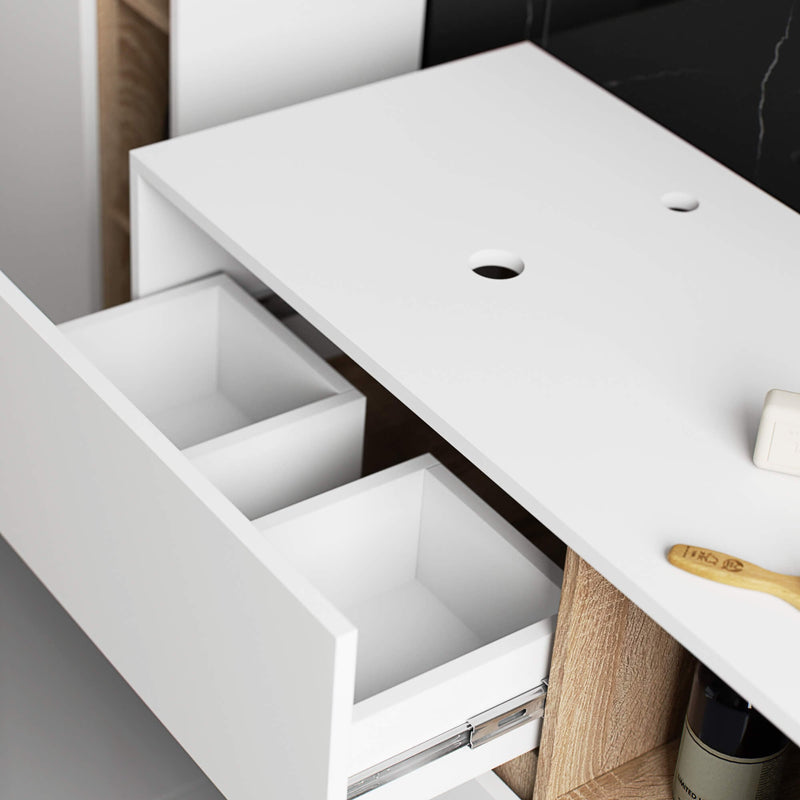 Badezimmerschrank für Waschbecken mit Löchern VAMI W90 UM 2SZ 2P Weiß / Sonoma Eiche