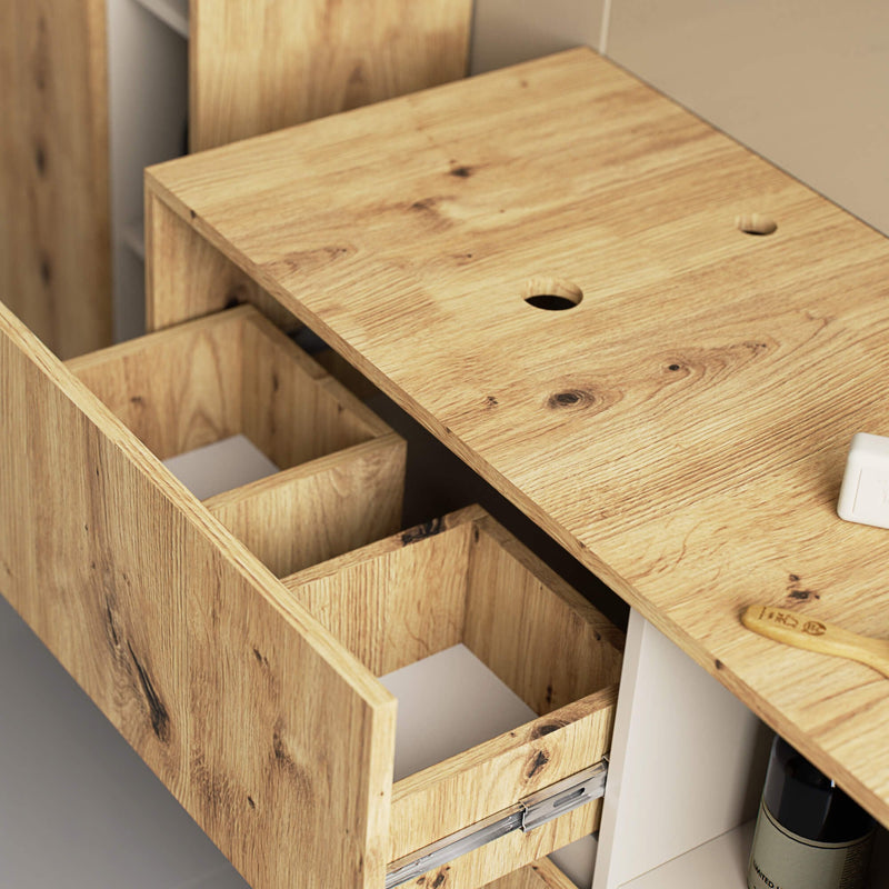 Badezimmerschrank für Waschbecken mit Löchern VAMI W90 UM 2SZ 2P ARTISAN OAK / CASHMERE