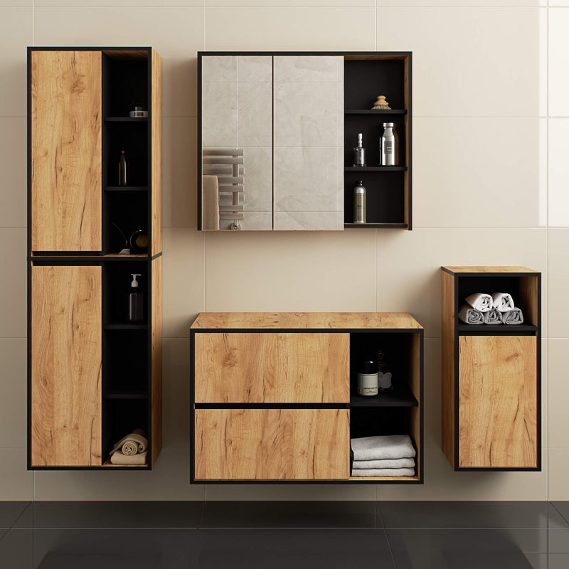 Badezimmerschrank für Waschbecken mit Löchern VAMI W90 UM 2SZ 2P Eiche Craft / Schwarz