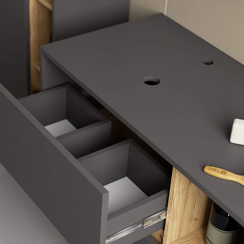 Badezimmerschrank für Waschbecken mit Löchern VAMI W90 UM 2SZ 2P Graphitgrau / Artisan Oak