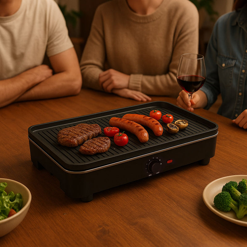 Elektrischer 3-in-1-Grill Standgrill Tischgrill Grillplatte Fettauffangschale Thermostat MultiGarden