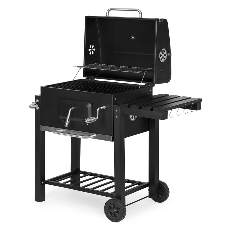 Großer Holzkohlegrill für den Garten mit Deckel, Thermometer, Ablagen, Rädern, kostenloser Gebläse