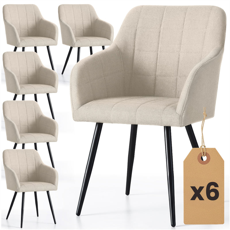 6x Polsterstuhl mit quadratischer Steppung Beige LUXANO Schwarze Beine Stoff Lumos