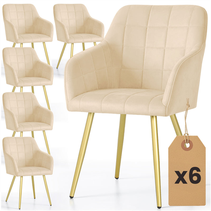6x Polsterstuhl mit quadratischer Steppung Beige LUXANO Goldene Beine