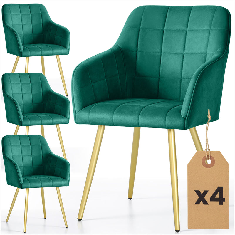 4x Polsterstuhl mit quadratischer Steppung Flaschengrün LUXANO Goldene Beine