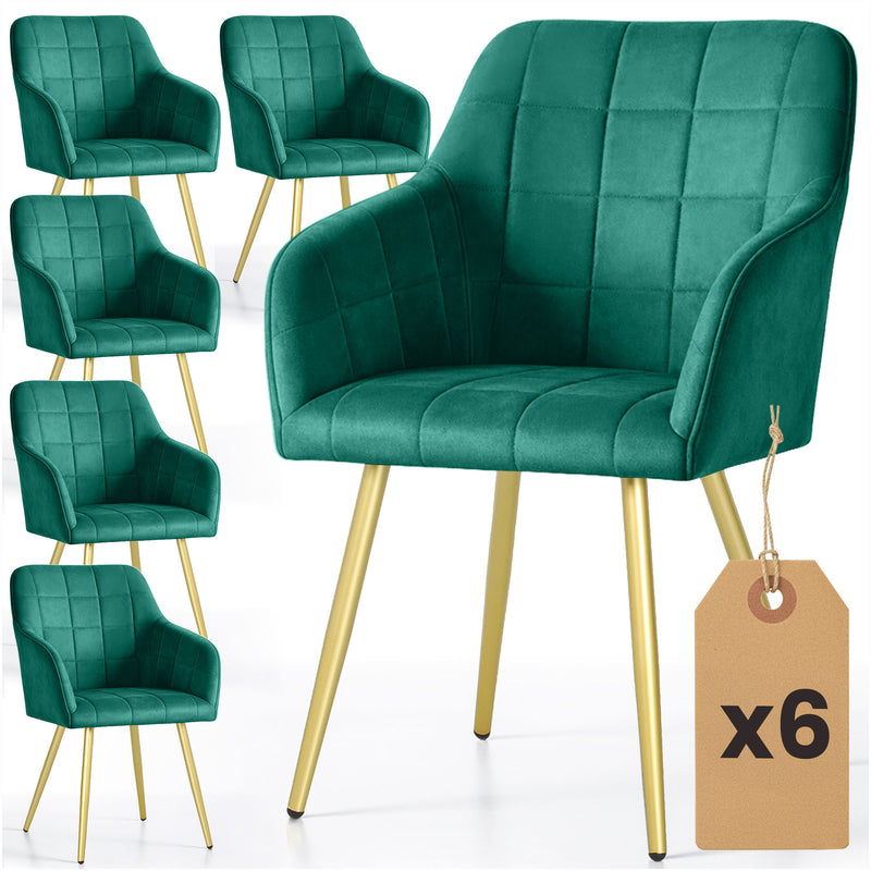 6x Polsterstuhl mit Karosteppung Flaschengrün LUXANO Goldene Beine