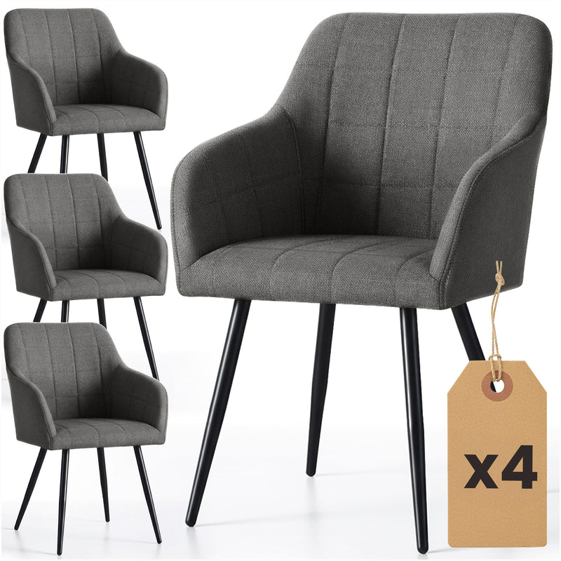 4x Polsterstuhl mit quadratischer Steppung Dunkelgraphit LUXANO Schwarze Beine Lumos-Stoff