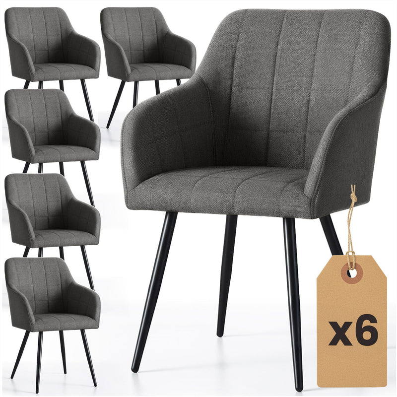 6x Polsterstuhl mit quadratischen Steppnähten Dunkelgraphit LUXANO Schwarze Beine Stoff Lumos