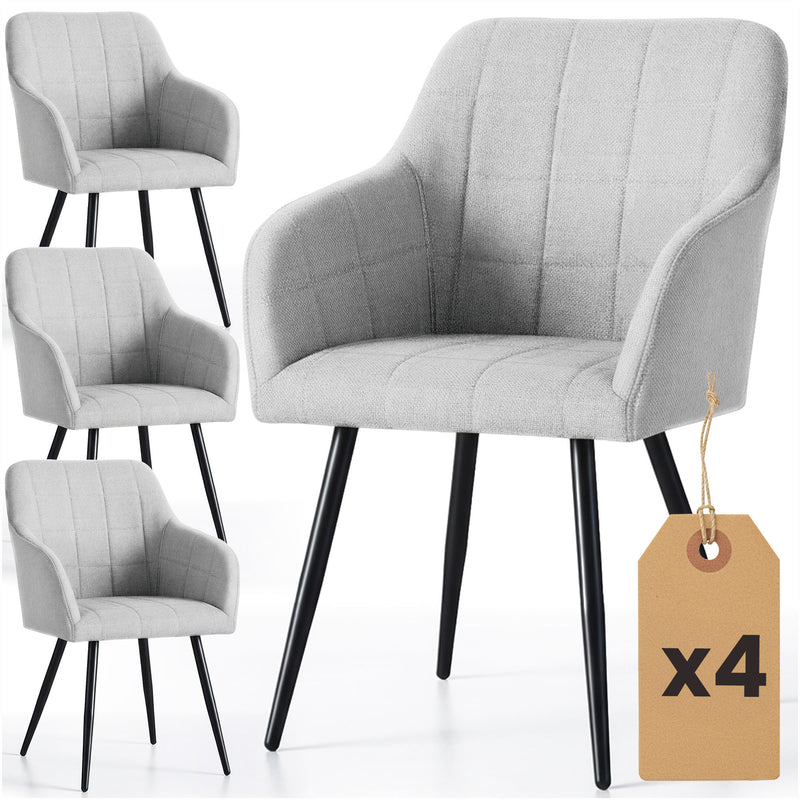 4x Polsterstuhl mit quadratischer Steppung Hellgrau LUXANO Schwarze Beine Stoff Lumos