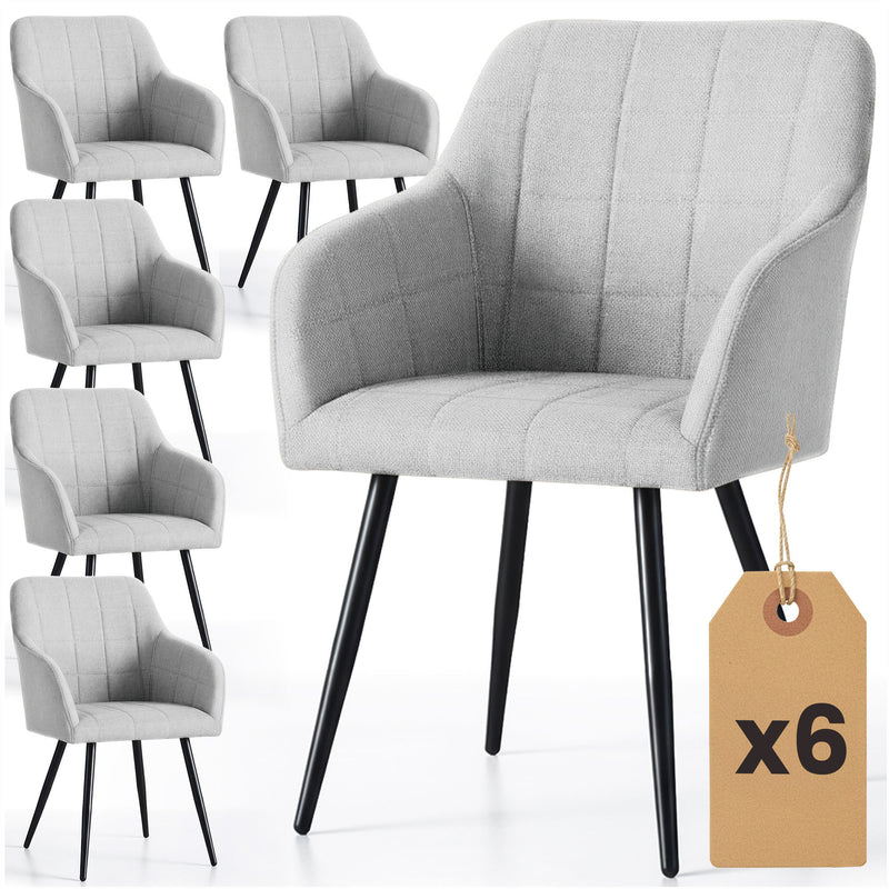 6x Polsterstuhl mit quadratischer Steppung Hellgrau LUXANO Schwarze Beine Stoff Lumos