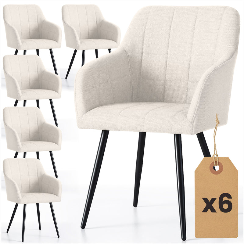 6x Polsterstuhl mit quadratischer Steppung Cremefarben LUXANO Schwarze Beine Lumos-Stoff