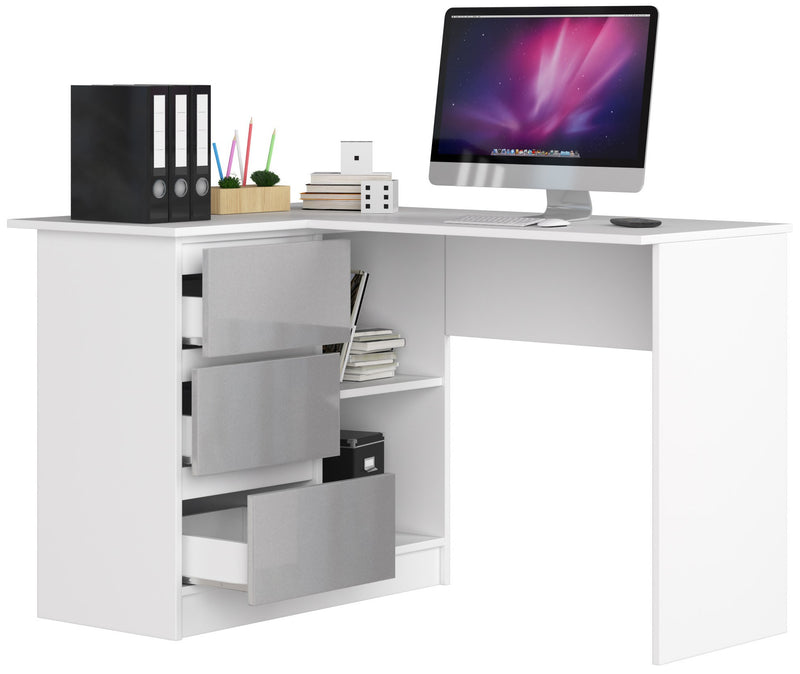 Eckschreibtisch B16 124 cm links mit 3 Schubladen, weiß/glänzend metallic