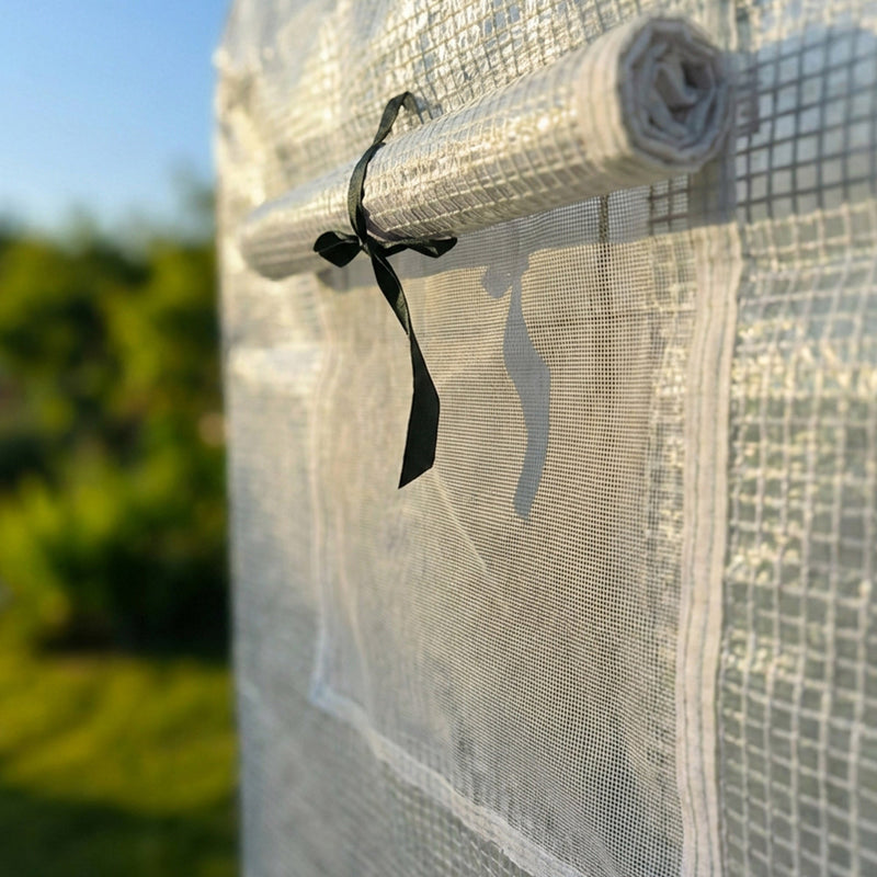Gartenfolientunnel Gewächshaus mit Rollwänden 1 Tür 6 Fenster Weiß 200x300x200 cm
