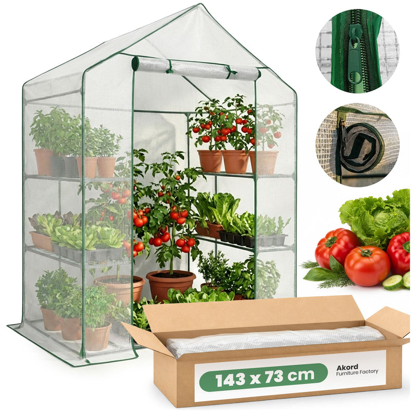Mini-Folien-Gewächshaus, Gartenhaus mit Regalen, 1 Tür, Weiß, 143x73x195 cm