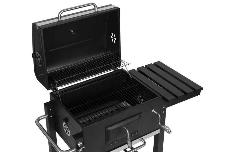 Großer Holzkohlegrill für den Garten mit Deckel, Thermometer, Ablagen, Rädern, kostenloser Gebläse