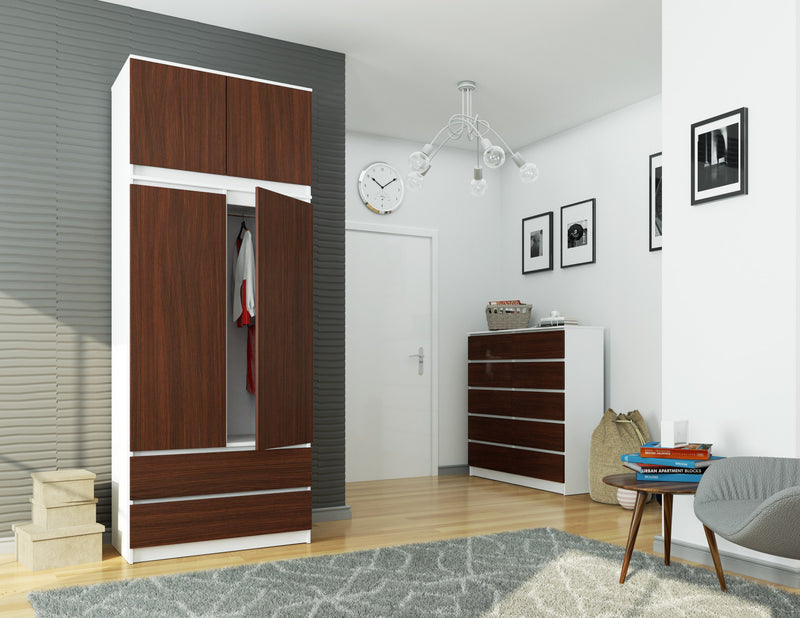 Kleiderschrank mit Erweiterung S 90 cm 2 Türen 2 Schubladen Weiß / Wenge