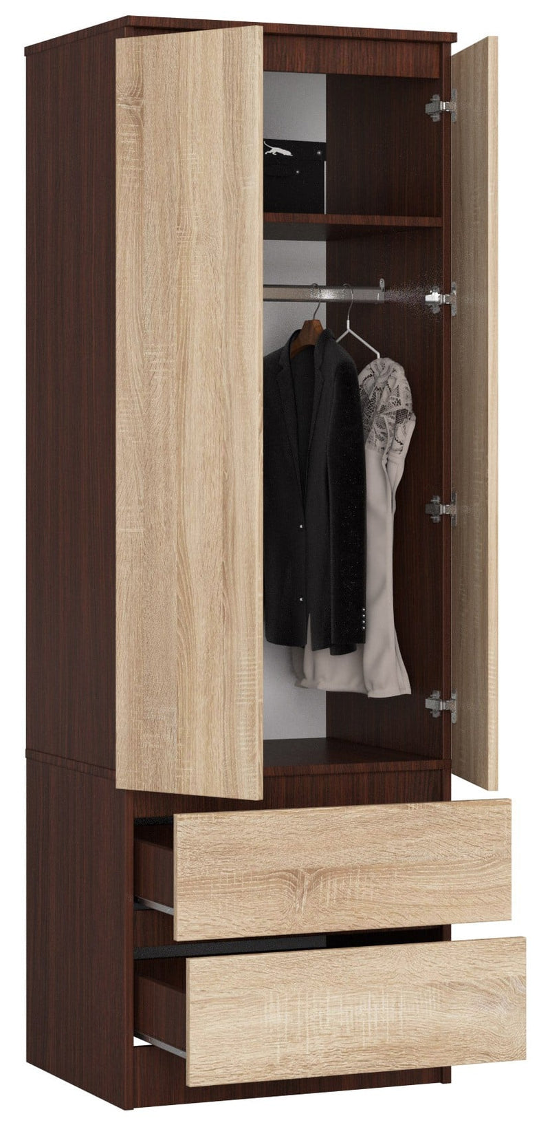 STAR-Kleiderschrank S 60 cm 2 Türen 2 Schubladen Wenge / Sonoma