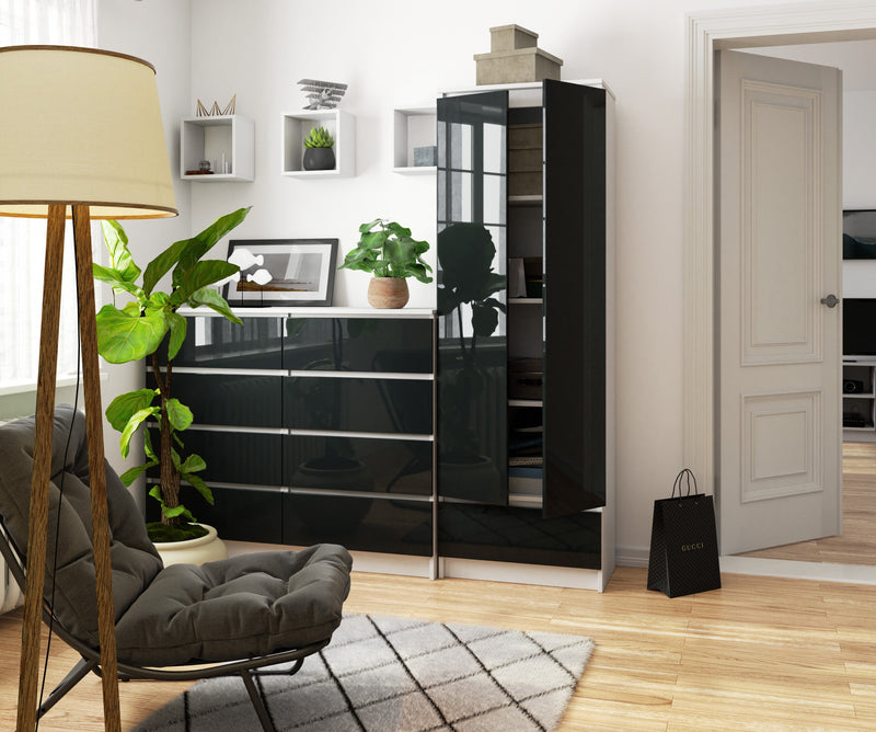 Büroschrank R 60 cm CLP 1 Schublade 2 Türen Weiß/Glänzend Graphit