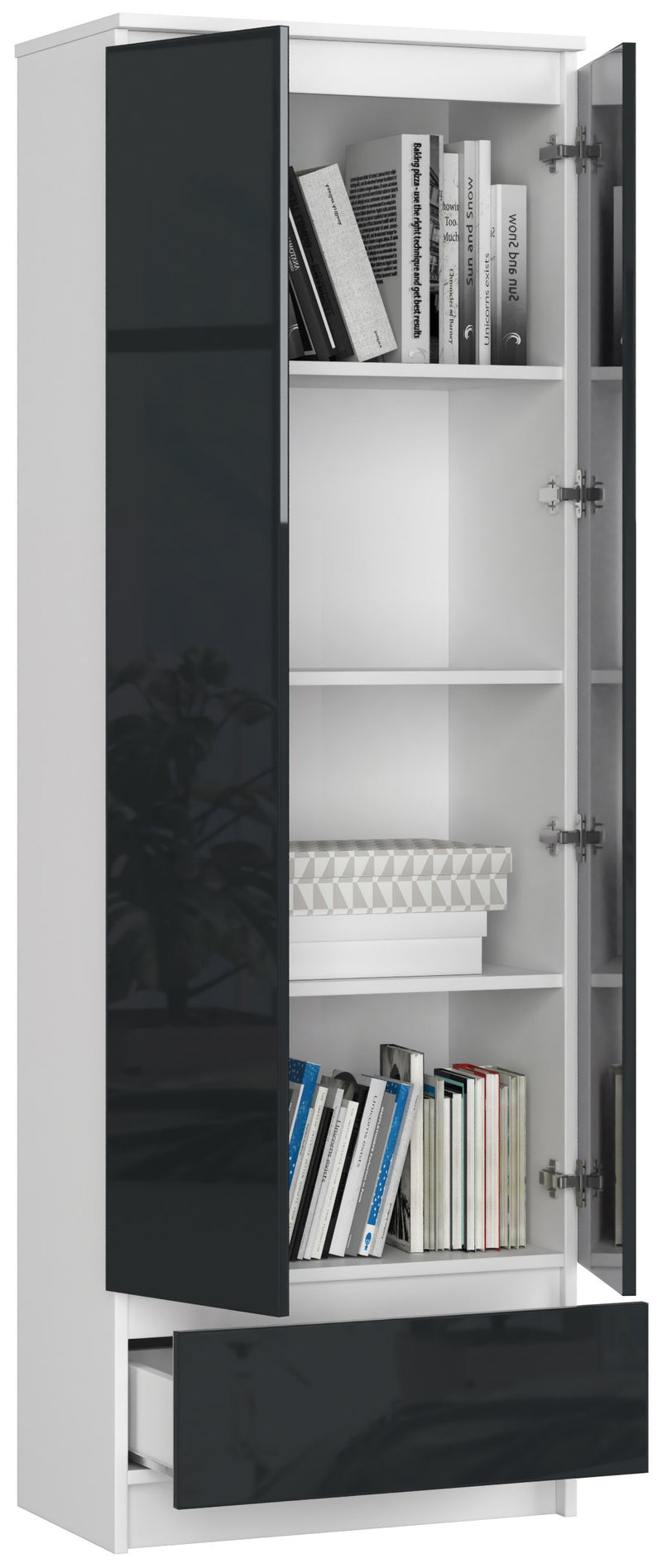 Büroschrank R 60 cm CLP 1 Schublade 2 Türen Weiß/Glänzend Graphit