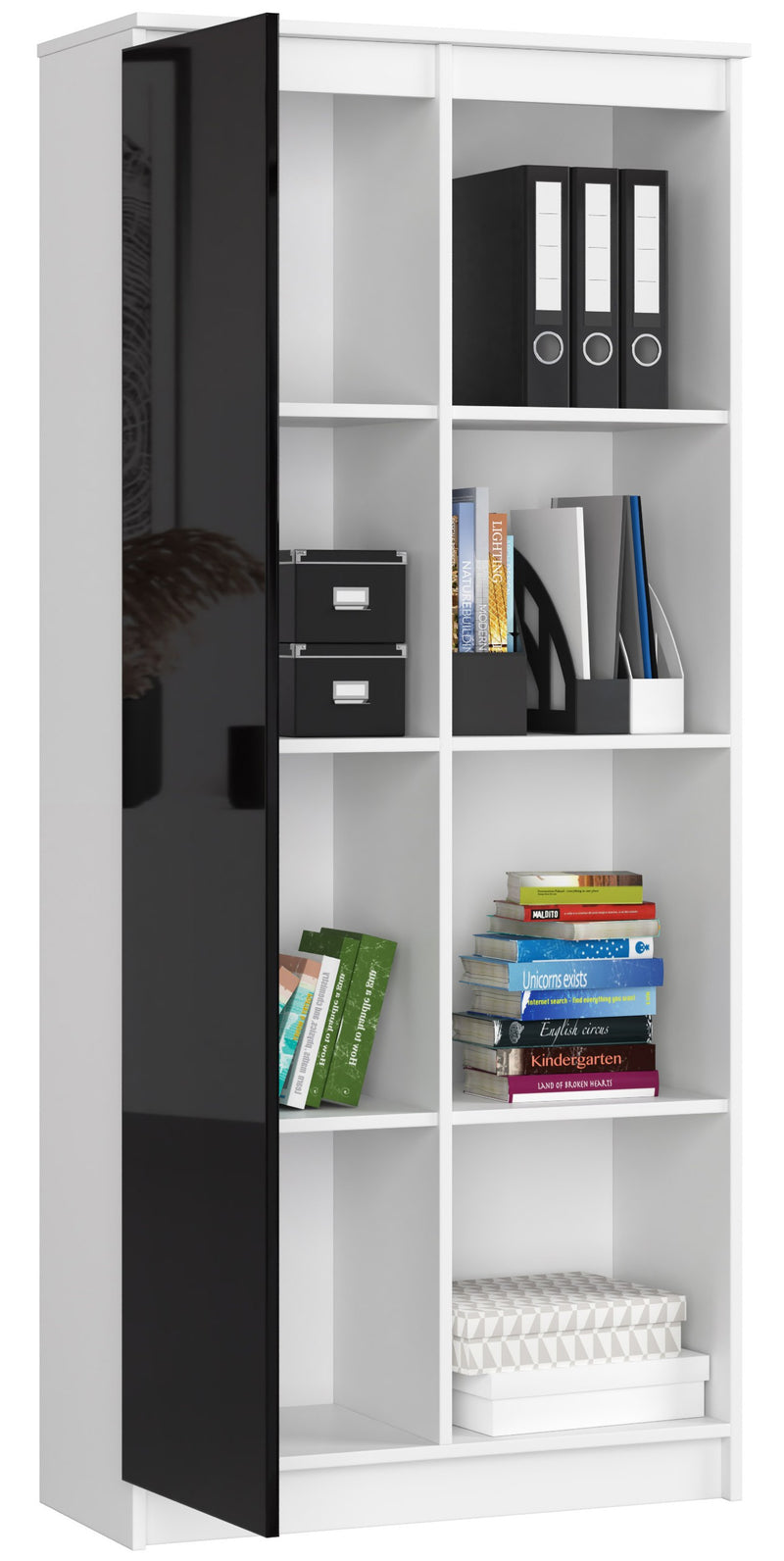 BÜROREGAL R 80 cm CLP 1 TÜR 4 BÖDEN WEISS / SCHWARZ GLÄNZEND