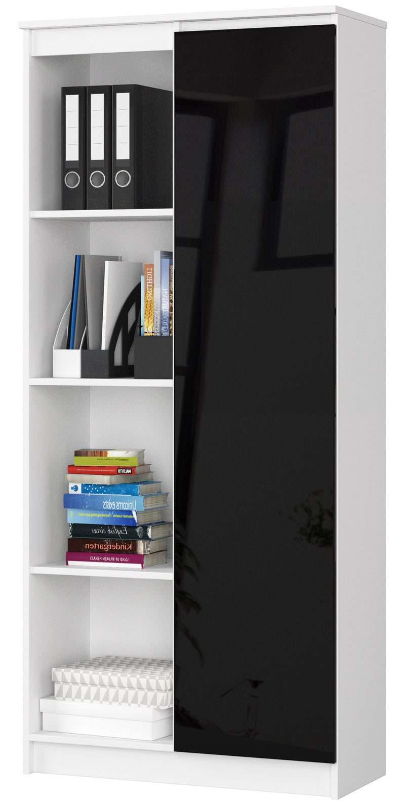 BÜROREGAL R 80 cm CLP 1 TÜR 4 BÖDEN WEISS / SCHWARZ GLÄNZEND
