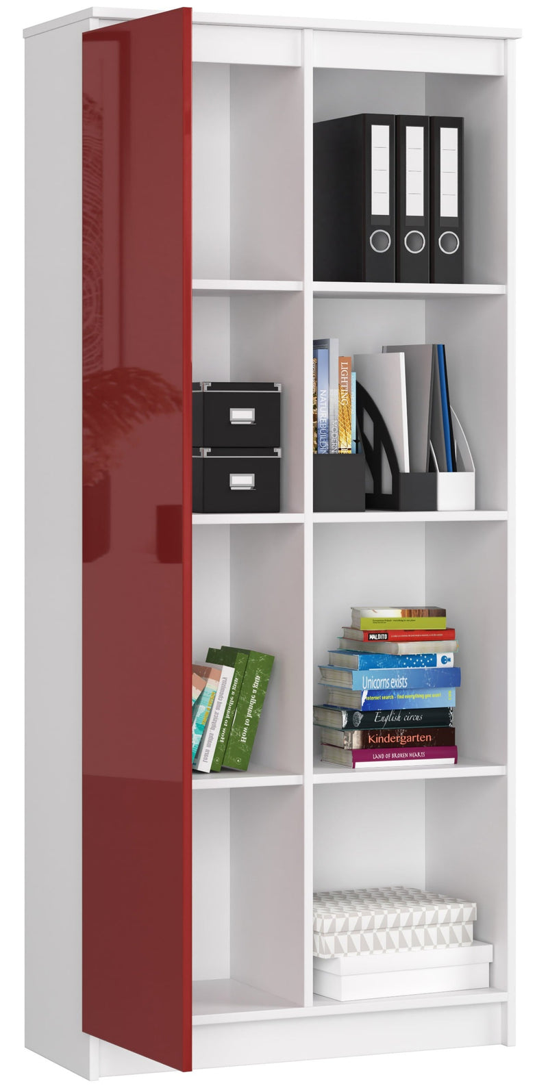BÜROREGAL R 80 cm CLP 1 TÜR 4 BÖDEN WEISS / ROT GLÄNZEND