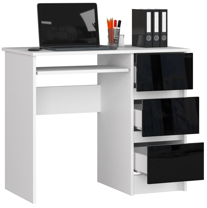 COMPUTERSCHREIBTISCH A-6 90 cm RECHTS WEISS / SCHWARZ GLANZ