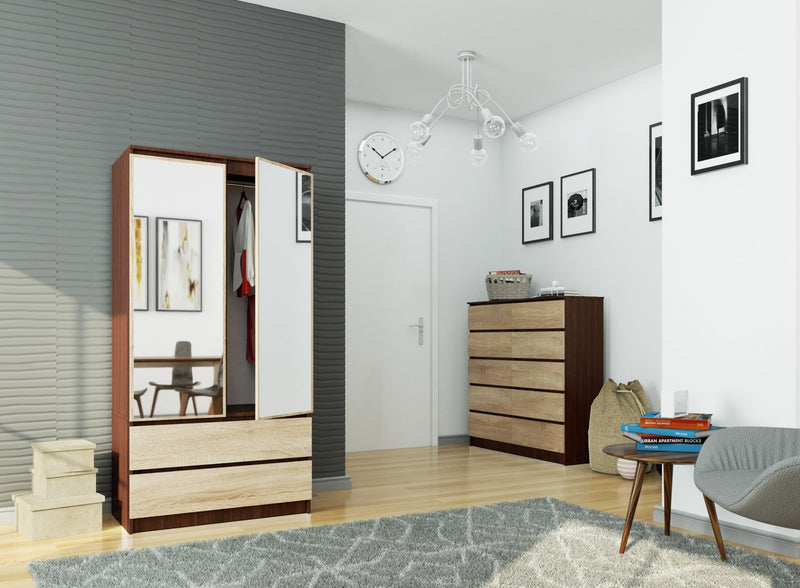Kleiderschrank S 90 cm 2 Türen 2 Schubladen 2 Spiegel PK Wenge / Sonoma