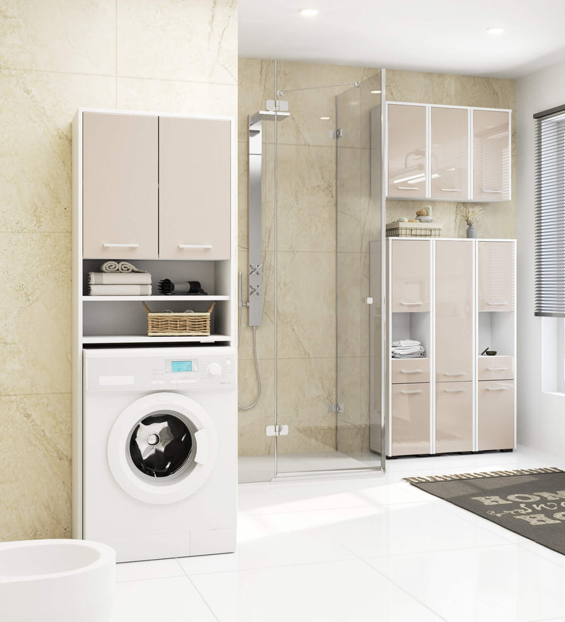 FIN Badezimmerregal über der Waschmaschine – Weiß-Cappuccino-Hochglanz – 2 Türen